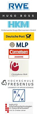 Logos von Firmen, die auf unsere Produkte setzen: RWE, Hugo Boss, HKM, Deutsche Post, MLP, Cornelsen, Christopherus-Werk, Hochschule Fresenius, BAK, Institut für Informationstechnologie im Gesundheitswesen