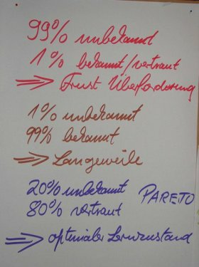 99% unbekannt, 1% bekannt => Überforderung; 1% unbekannt, 99% bekannt => Langeweile; 20% unbekannt, 80% vertraut => optimaler Lernzustand (Pareto-Prinzip!)