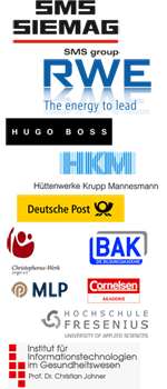 Logos von Firmen, die auf unsere Produkte setzen: RWE, Hugo Boss, HKM, Deutsche Post, MLP, Cornelsen, Christopherus-Werk, Hochschule Fresenius, BAK, Institut für Informationstechnologie im Gesundheitswesen
